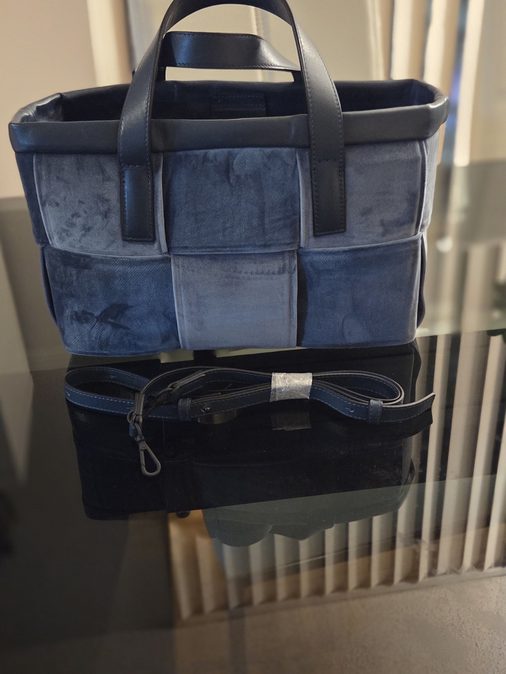 Structured Velvet Tote, Patchwork Bag in Blue Falorni ITALIA Used Once